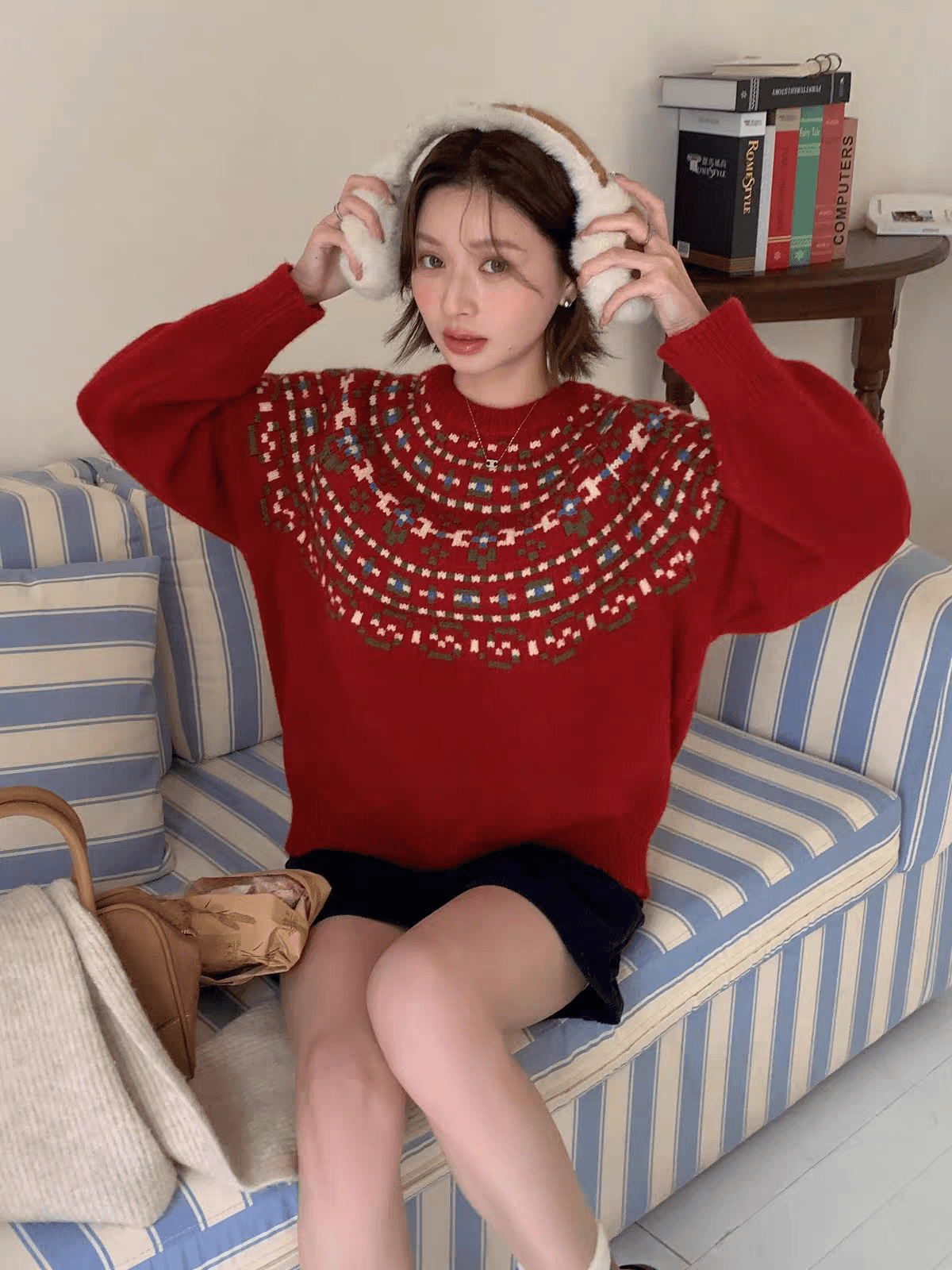 레트로 공정한 섬 스웨터 가을 겨울 소녀 느긋한 고급 센스 무거운 작업 자카드 라운드 넥 풀오버 두꺼운 양모 니트 스웨터 이미지 2