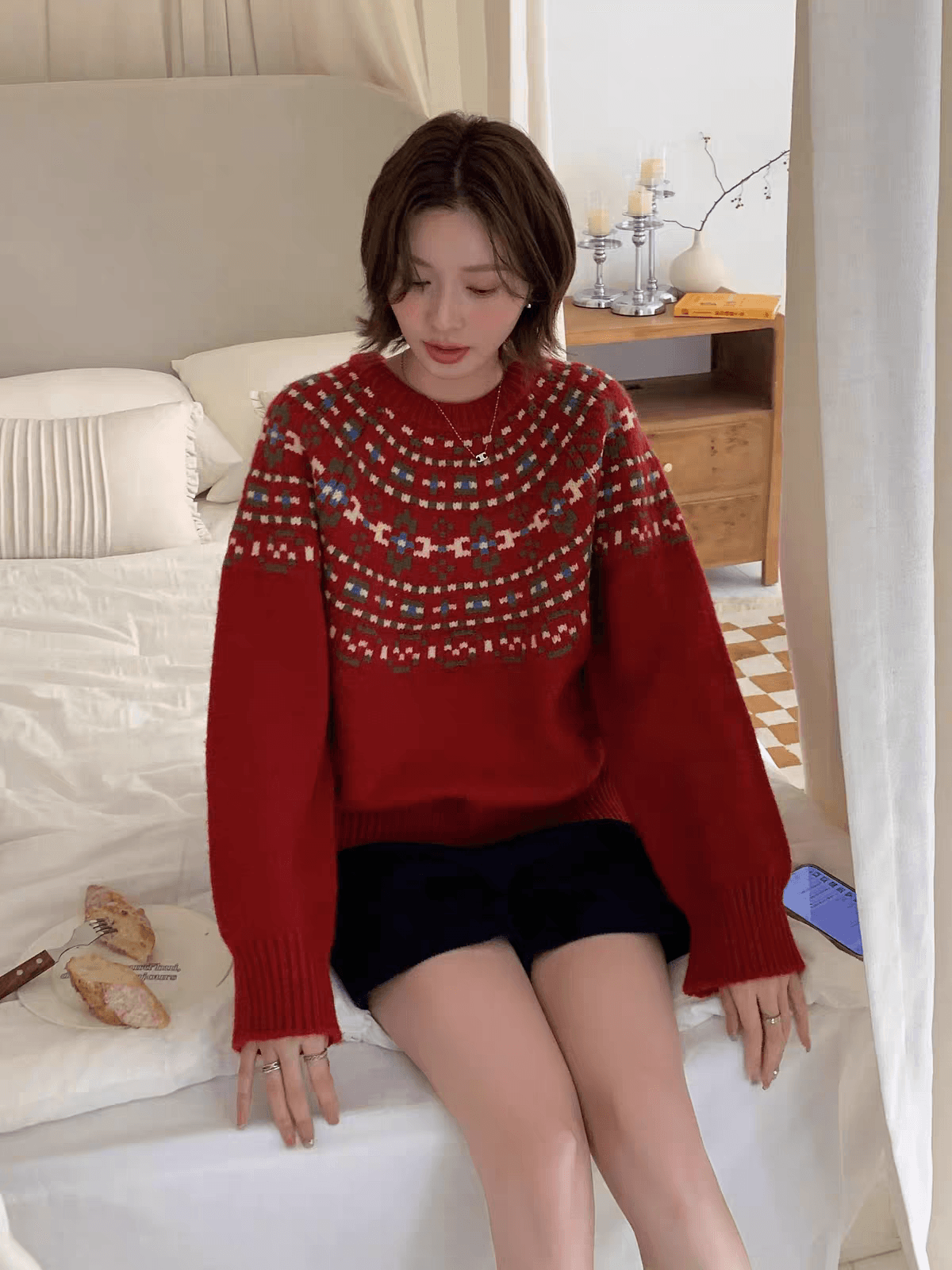 레트로 공정한 섬 스웨터 가을 겨울 소녀 느긋한 고급 센스 무거운 작업 자카드 라운드 넥 풀오버 두꺼운 양모 니트 스웨터 상세 이미지 4