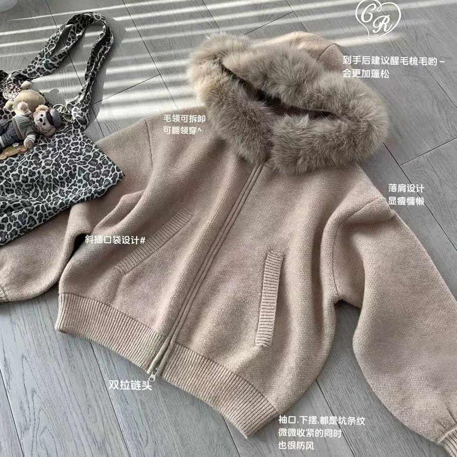 callmeear 큰 모피 칼라 스웨터 오픈 가디건 여성 코트 가을 겨울 루즈핏 슬림해 보이는 부드러운 찹쌀 니트 스웨터 상세 이미지 4
