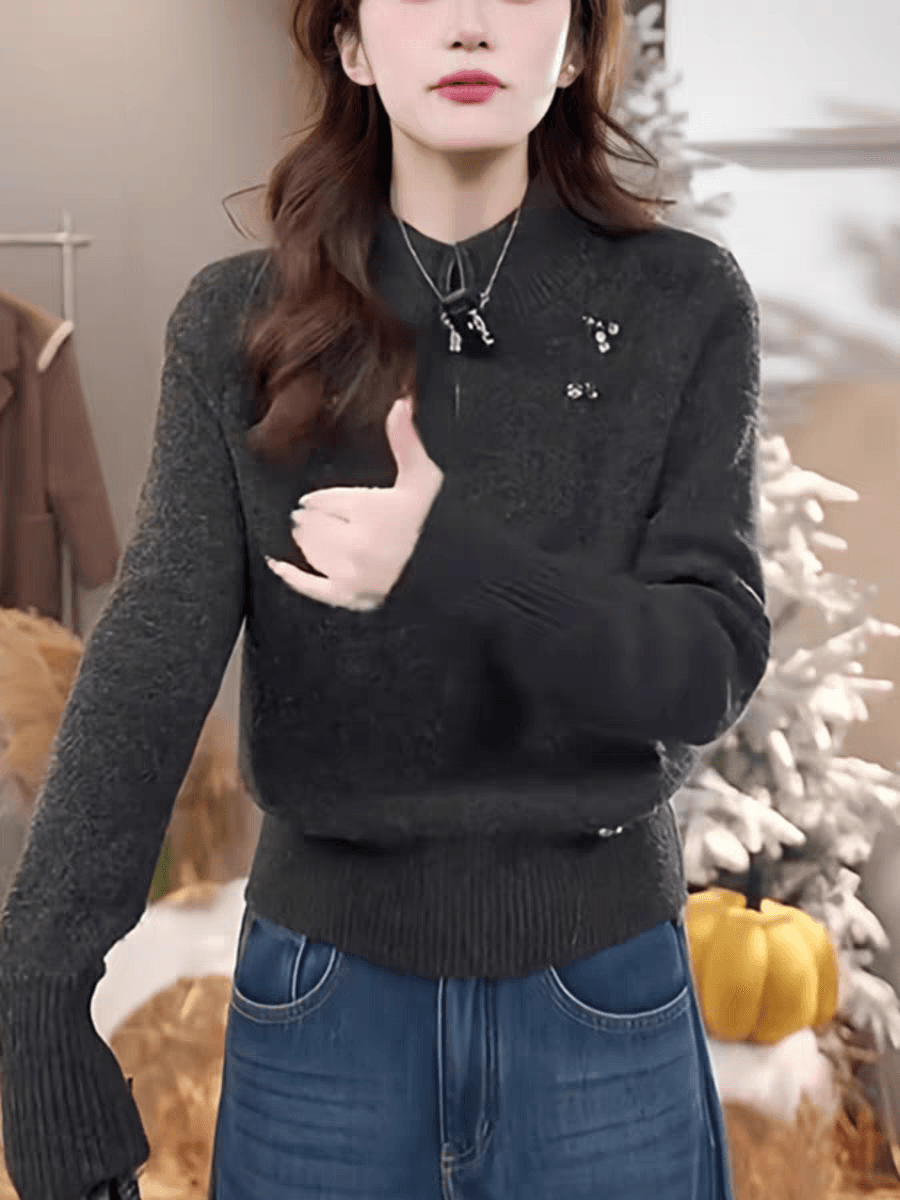 한국 스타일 패션 레트로 어두운 회색 스탠드 칼라 하프 지퍼 못 훈련 품격 니트 스웨터 여성 2025 봄 새로운 스웨터