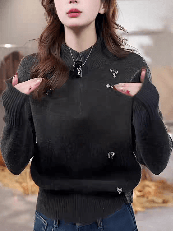 한국 스타일 패션 레트로 어두운 회색 스탠드 칼라 하프 지퍼 못 훈련 품격 니트 스웨터 여성 2025 봄 새로운 스웨터 이미지 2