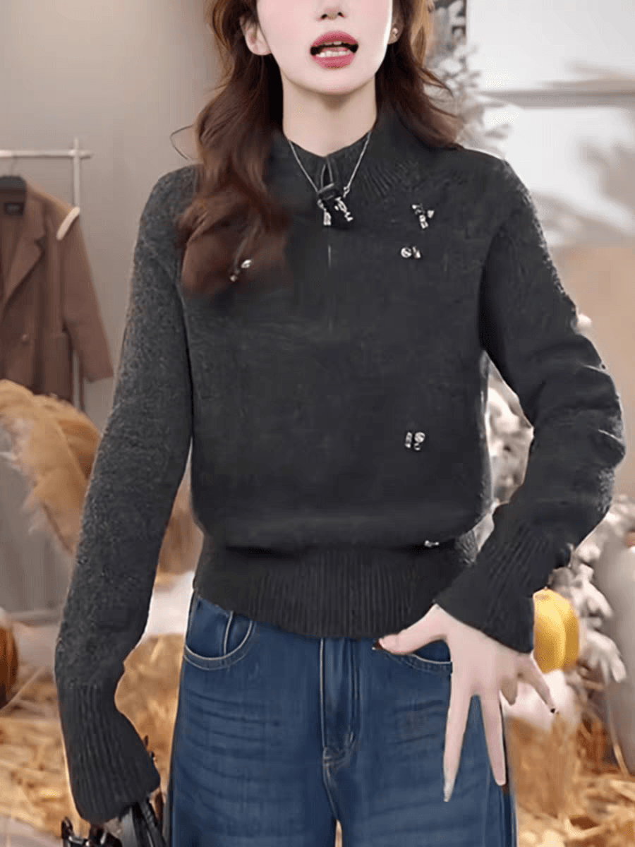 한국 스타일 패션 레트로 어두운 회색 스탠드 칼라 하프 지퍼 못 훈련 품격 니트 스웨터 여성 2025 봄 새로운 스웨터 이미지 4