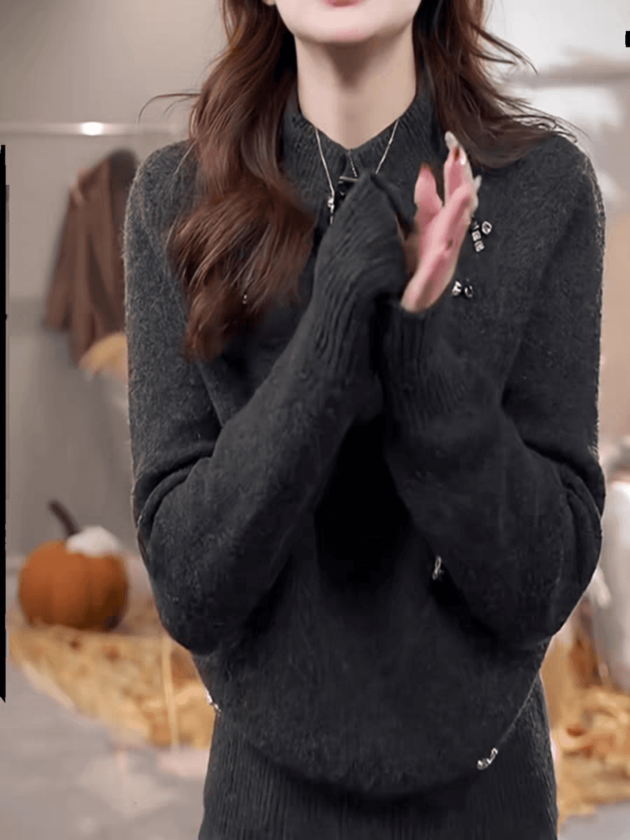 한국 스타일 패션 레트로 어두운 회색 스탠드 칼라 하프 지퍼 못 훈련 품격 니트 스웨터 여성 2025 봄 새로운 스웨터 상세 이미지 3