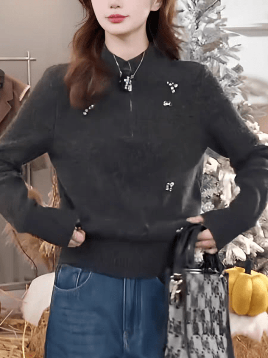 한국 스타일 패션 레트로 어두운 회색 스탠드 칼라 하프 지퍼 못 훈련 품격 니트 스웨터 여성 2025 봄 새로운 스웨터 상세 이미지 4
