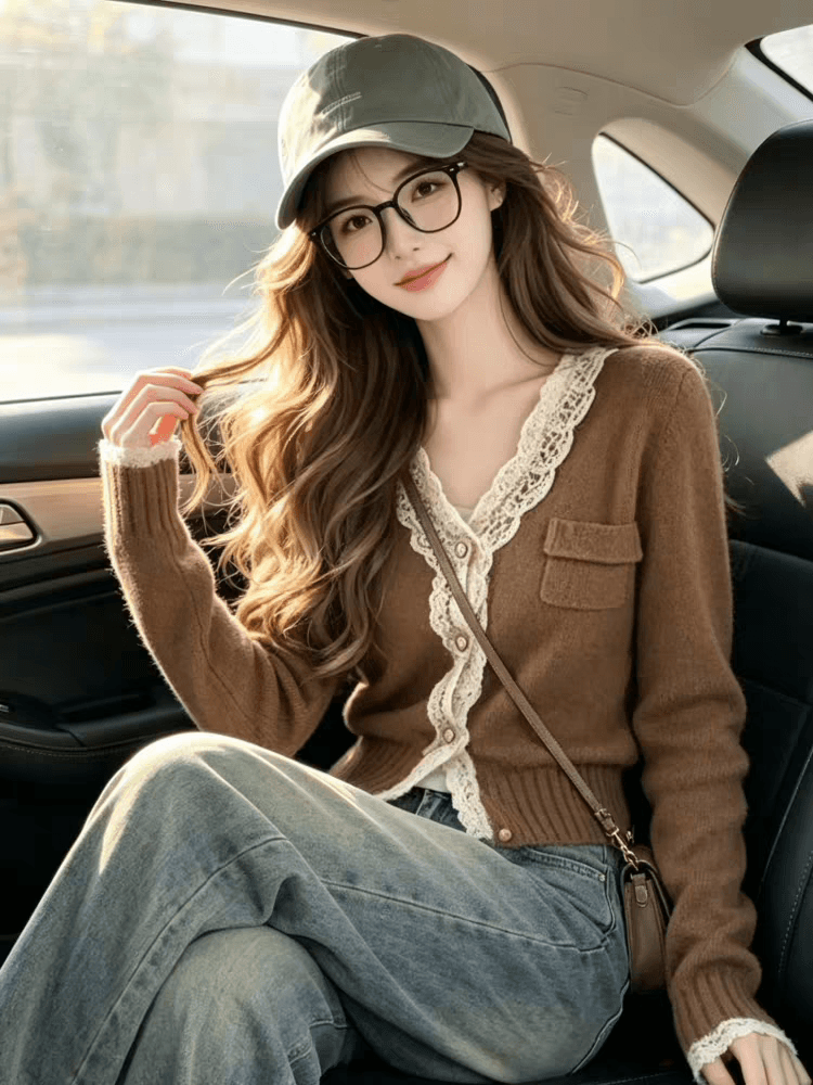 아름다움 라드. 브라운 레이스 측면 V넥 스웨터 여자 2026 가을 겨울 새로운 디자인 센스 니트 오픈 가디건 Chic 맨위 이미지 3