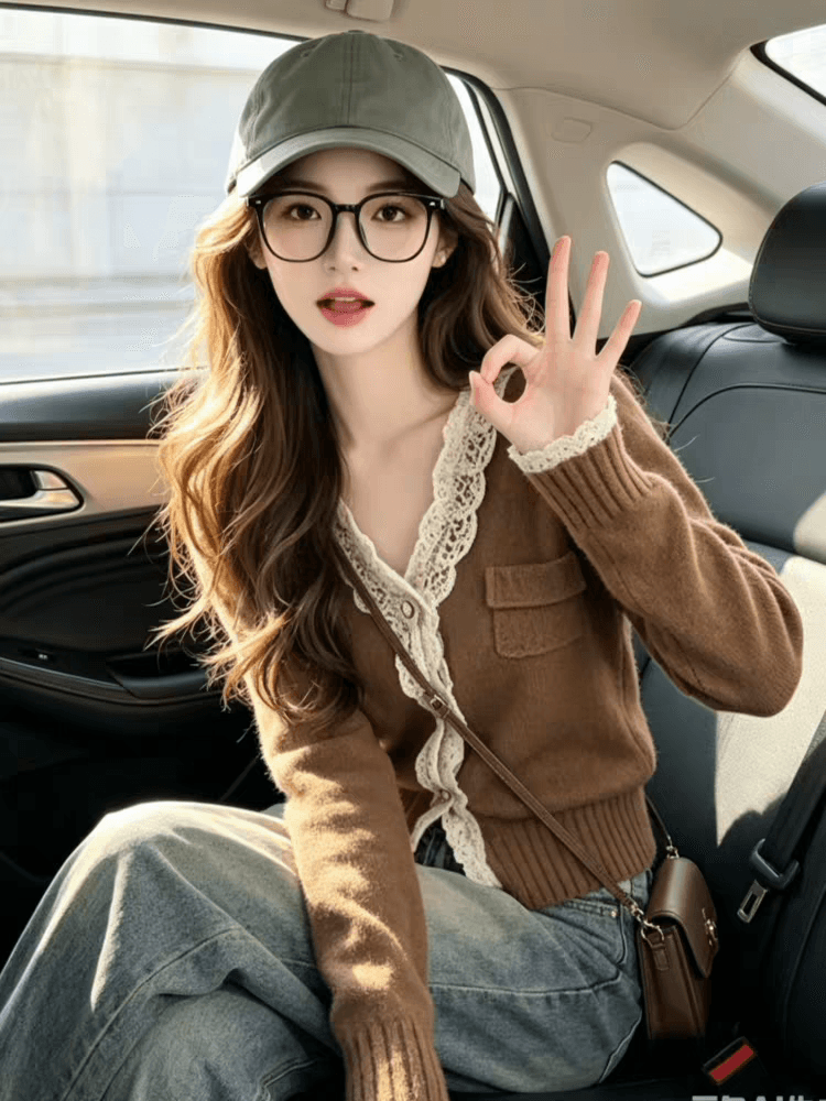 아름다움 라드. 브라운 레이스 측면 V넥 스웨터 여자 2026 가을 겨울 새로운 디자인 센스 니트 오픈 가디건 Chic 맨위 이미지 4