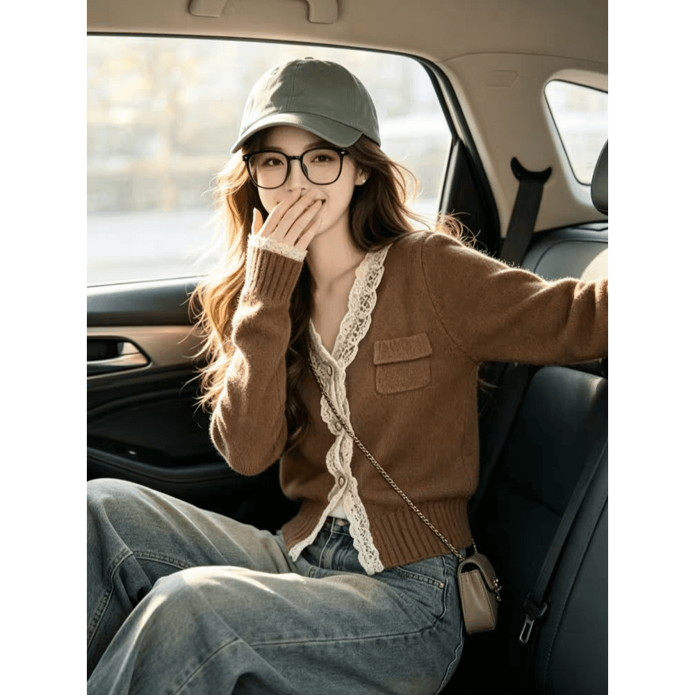 아름다움 라드. 브라운 레이스 측면 V넥 스웨터 여자 2026 가을 겨울 새로운 디자인 센스 니트 오픈 가디건 Chic 맨위 이미지 5
