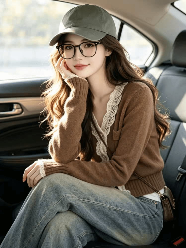 아름다움 라드. 브라운 레이스 측면 V넥 스웨터 여자 2026 가을 겨울 새로운 디자인 센스 니트 오픈 가디건 Chic 맨위 상세 이미지 2