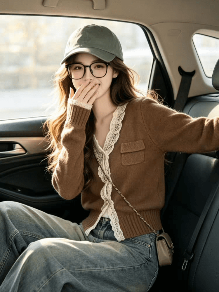 아름다움 라드. 브라운 레이스 측면 V넥 스웨터 여자 2026 가을 겨울 새로운 디자인 센스 니트 오픈 가디건 Chic 맨위 상세 이미지 5