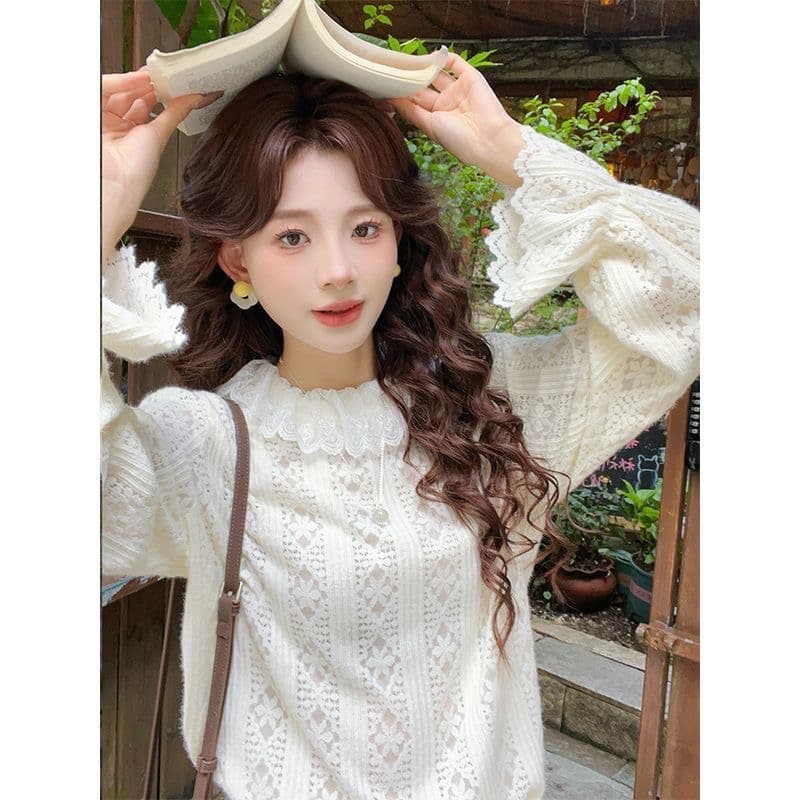 슈퍼 부드러운 2026 한 부서 연삭 털 레이스 니트 스웨터 여성 새로운 디자인 센스 루즈핏 슬림해 보이는 다용도 기본 셔츠 여성 상세 이미지 2