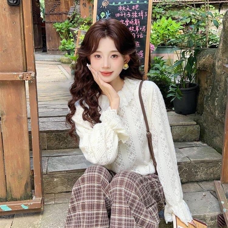 슈퍼 부드러운 2026 한 부서 연삭 털 레이스 니트 스웨터 여성 새로운 디자인 센스 루즈핏 슬림해 보이는 다용도 기본 셔츠 여성 상세 이미지 8