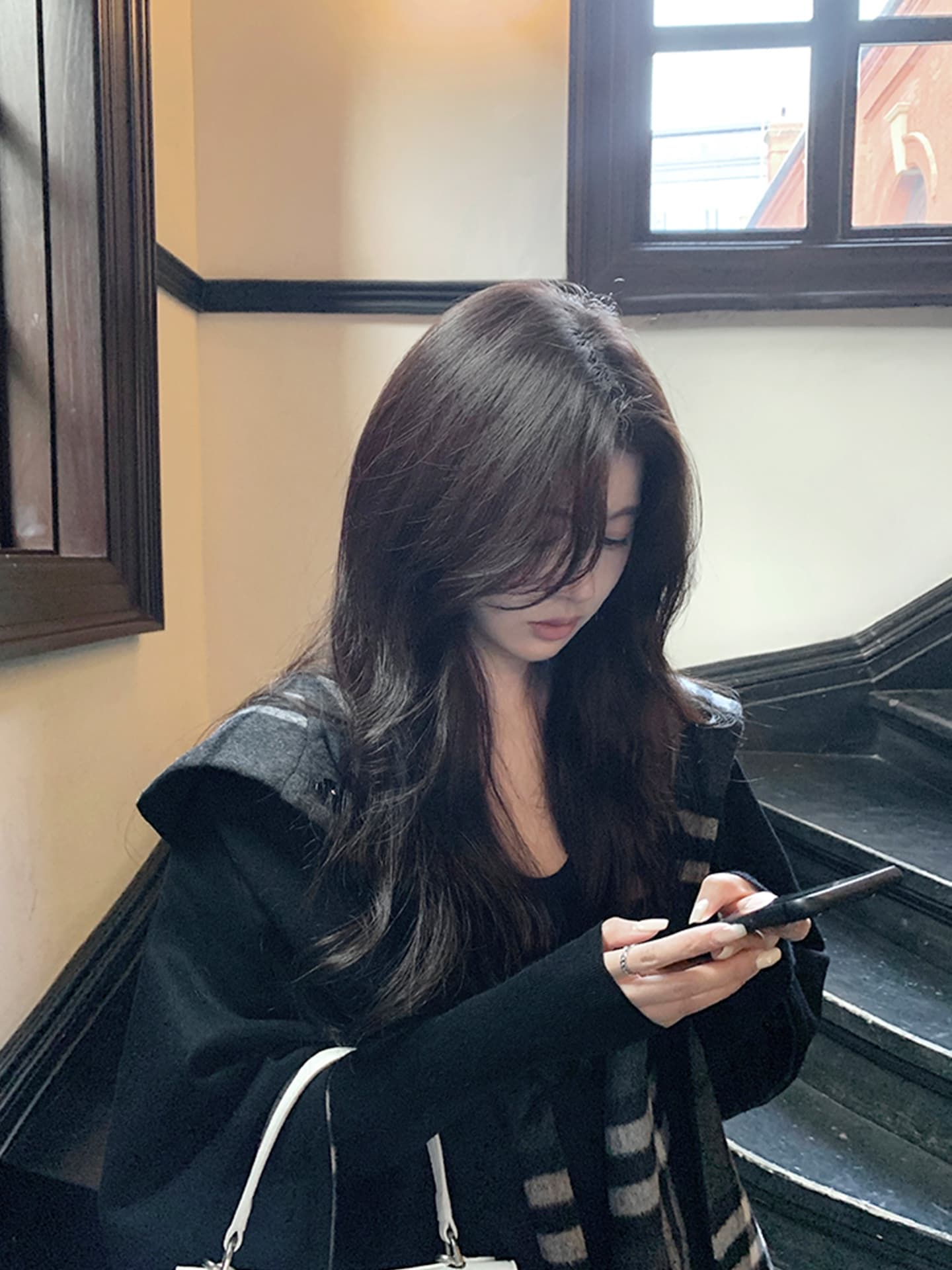 1개 다곤 1z1zgun De 루 Na 소녀 오리지널 양성 및 음성 둘 착용 분위기 센스 체크무늬 후드 망토 양모 코트 이미지 4