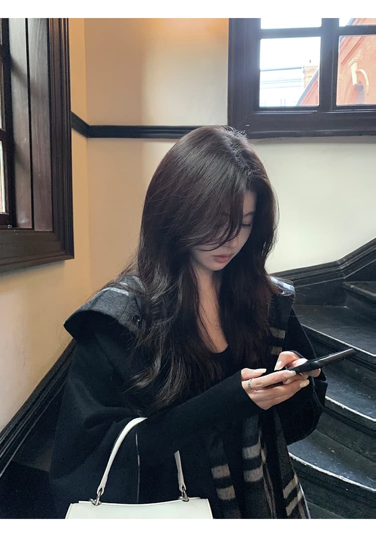 1개 다곤 1z1zgun De 루 Na 소녀 오리지널 양성 및 음성 둘 착용 분위기 센스 체크무늬 후드 망토 양모 코트 상세 이미지 5