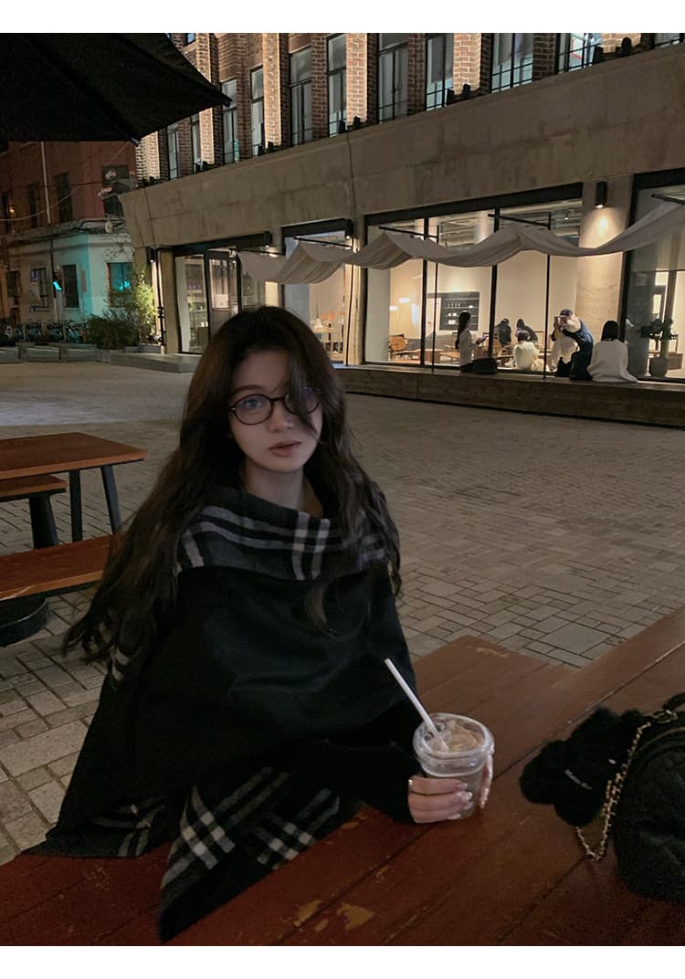 1개 다곤 1z1zgun De 루 Na 소녀 오리지널 양성 및 음성 둘 착용 분위기 센스 체크무늬 후드 망토 양모 코트 상세 이미지 11