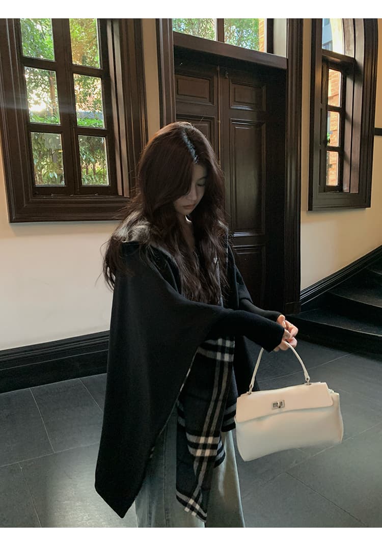 1개 다곤 1z1zgun De 루 Na 소녀 오리지널 양성 및 음성 둘 착용 분위기 센스 체크무늬 후드 망토 양모 코트 상세 이미지 13