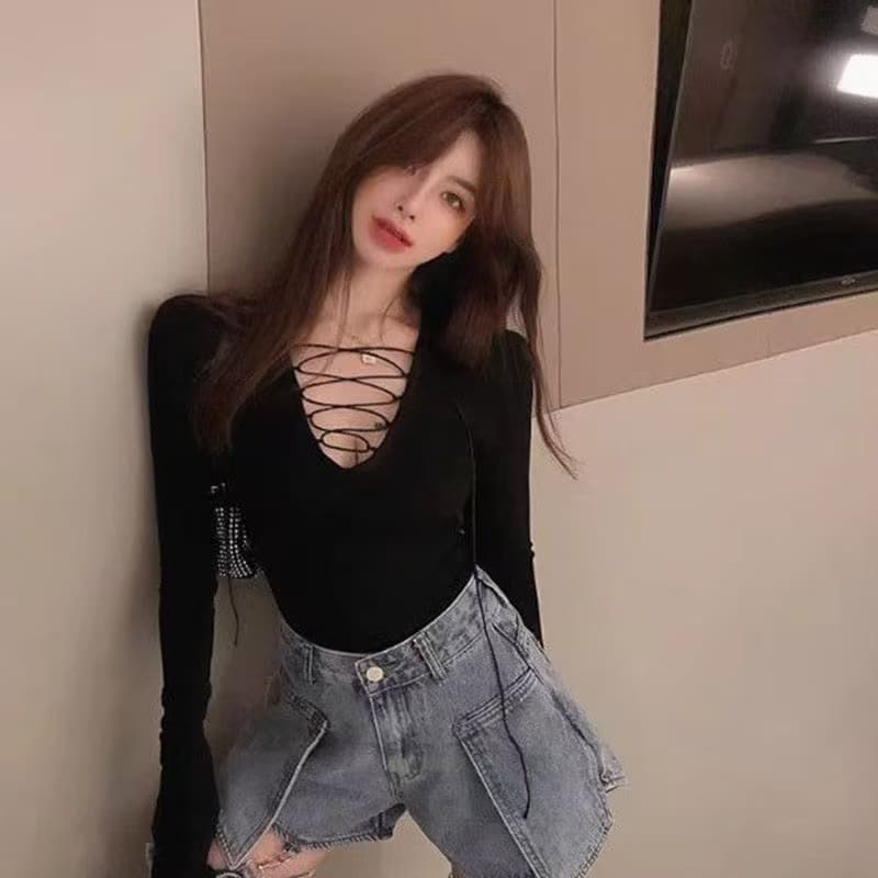 스트랩 조심해. 선상에서 의류 여성 봄 가을 디자인 센스 작은 대중 몸매 가꾸기 티셔츠 인사이드 가져 가라. 기본 셔츠 핫걸 상세 이미지 5