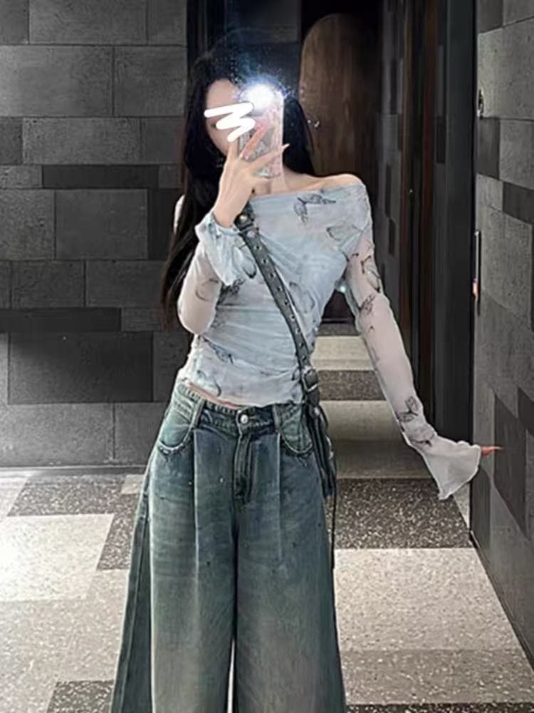 프랑스식 디자인 센스 오프숄더 나비 망사 태양 보호 셔츠 여성 여름 얇은 스타일 섹시함 핫걸 오프숄더 티셔츠 맨위