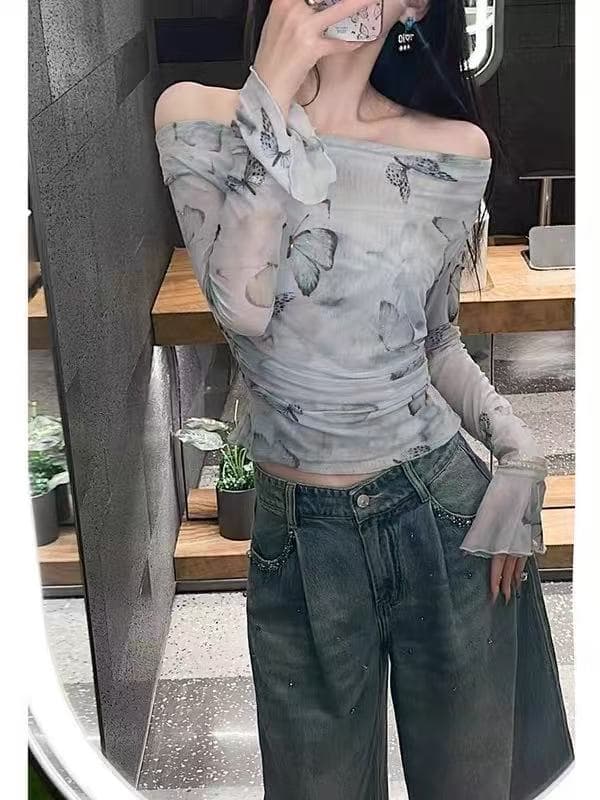 프랑스식 디자인 센스 오프숄더 나비 망사 태양 보호 셔츠 여성 여름 얇은 스타일 섹시함 핫걸 오프숄더 티셔츠 맨위 이미지 2