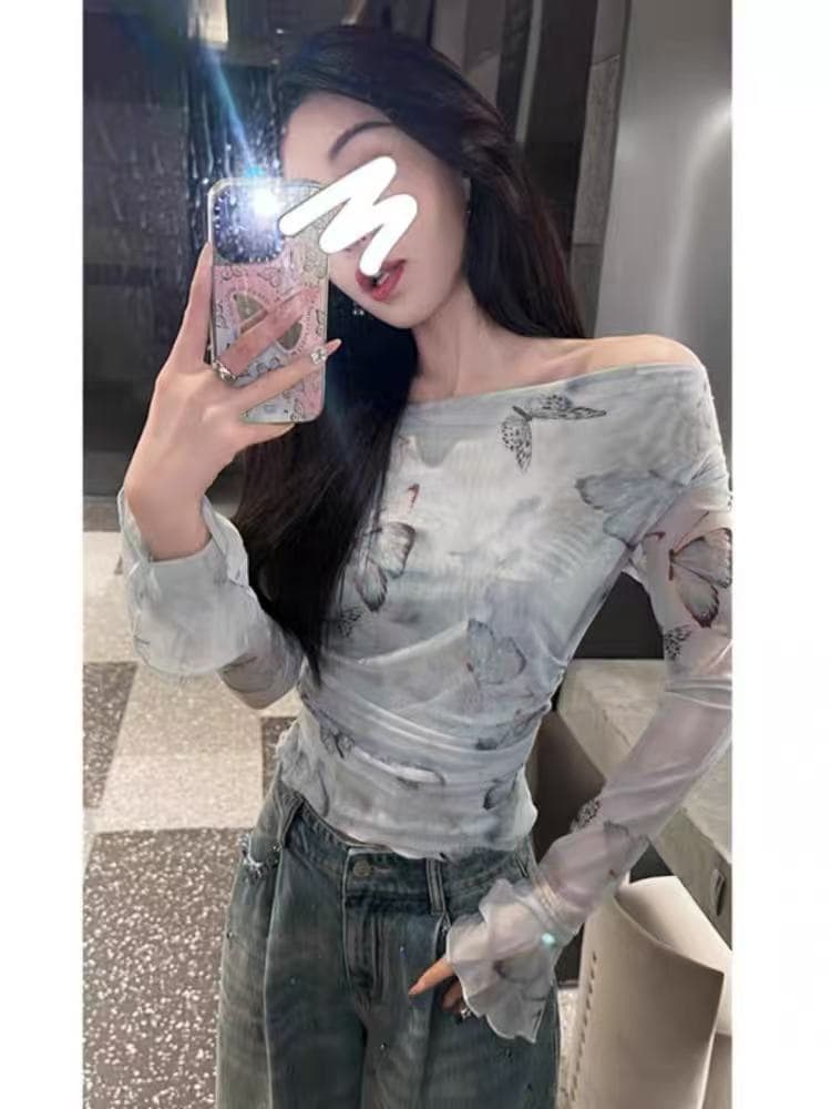 프랑스식 디자인 센스 오프숄더 나비 망사 태양 보호 셔츠 여성 여름 얇은 스타일 섹시함 핫걸 오프숄더 티셔츠 맨위 상세 이미지 4