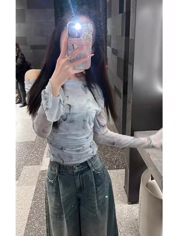 프랑스식 디자인 센스 오프숄더 나비 망사 태양 보호 셔츠 여성 여름 얇은 스타일 섹시함 핫걸 오프숄더 티셔츠 맨위 상세 이미지 5