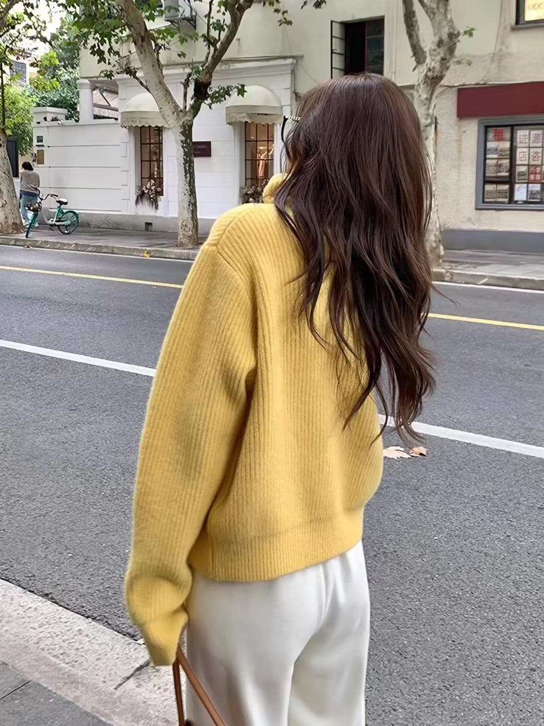 pusumede 계절 라이브 터틀넥 스웨터 오픈 가디건 여성 레트로 폴로 칼라 루즈핏 품격 재킷 니트 맨위 상세 이미지 3