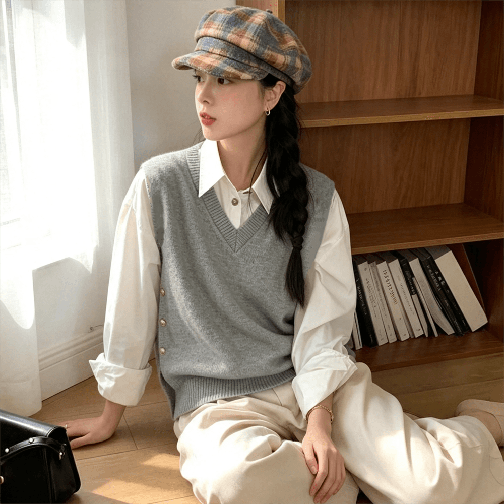 스택 착용 V넥 니트 조끼 여자 루즈핏 측면 부서 버클 가을 겨울 새로운 스웨터 어깨 여성 이미지 2