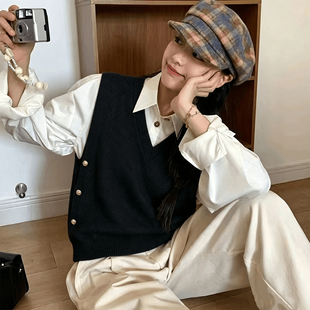 스택 착용 V넥 니트 조끼 여자 루즈핏 측면 부서 버클 가을 겨울 새로운 스웨터 어깨 여성 이미지 4