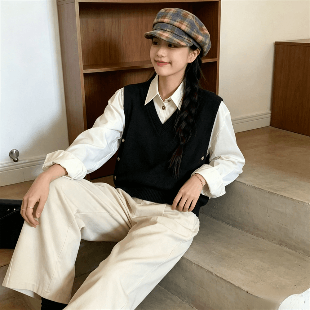 스택 착용 V넥 니트 조끼 여자 루즈핏 측면 부서 버클 가을 겨울 새로운 스웨터 어깨 여성 상세 이미지 6