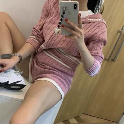 한국 동대문 가을 의상 새로운 외국 가스 꽈배기 스웨터 니트 스웨터 투피스 세트 여성 레저 반바지 세트 이미지 4
