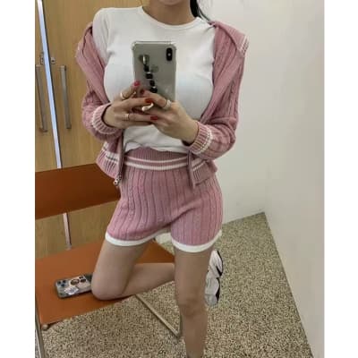 한국 동대문 가을 의상 새로운 외국 가스 꽈배기 스웨터 니트 스웨터 투피스 세트 여성 레저 반바지 세트 상세 이미지 2