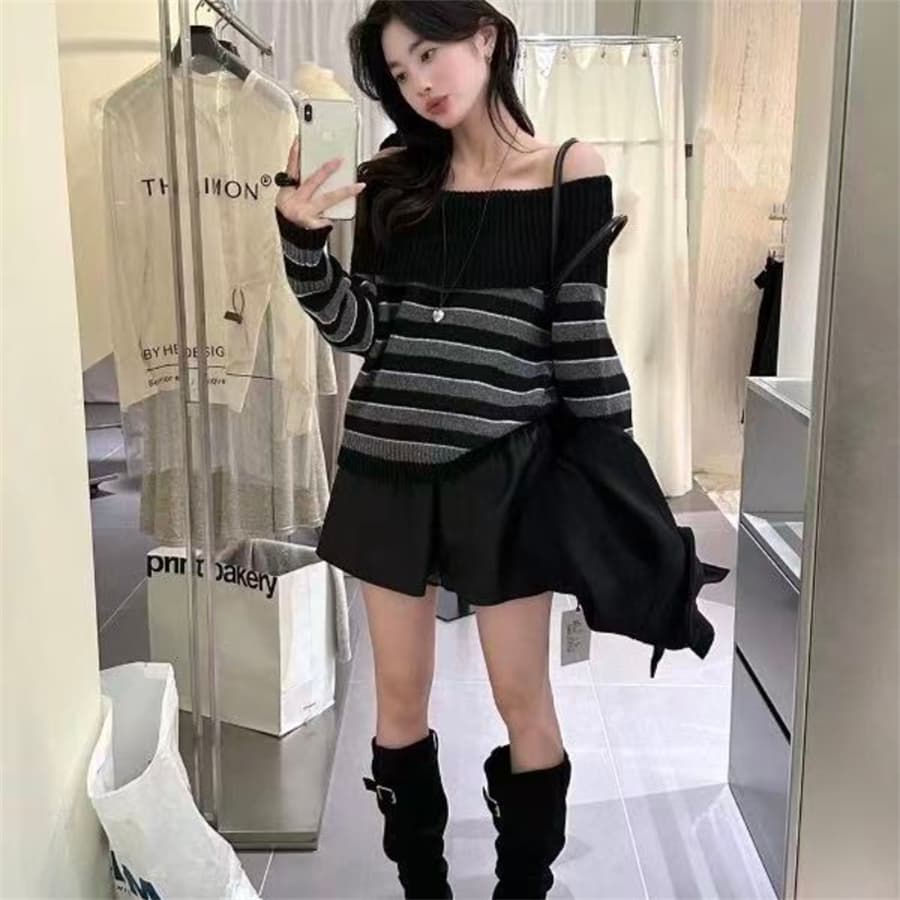 한 부서 스트라이프 오프숄더 니트 스웨터 여성 가을 겨울 고급 센스 부드러운 찹쌀 스웨터 고유 한 아름다운 인사이드 가져 가라. 오프숄더 맨위 상세 이미지 4