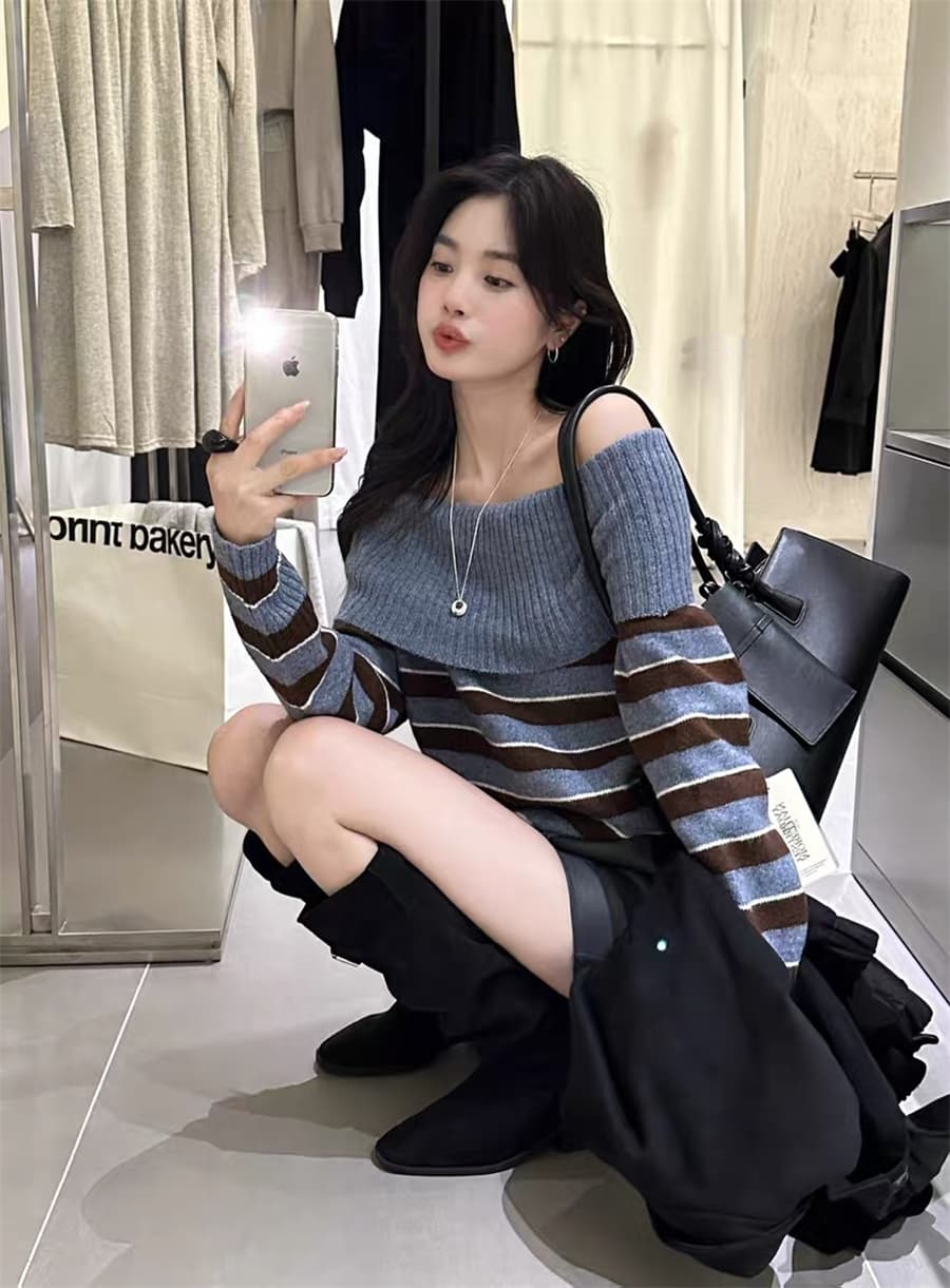한 부서 스트라이프 오프숄더 니트 스웨터 여성 가을 겨울 고급 센스 부드러운 찹쌀 스웨터 고유 한 아름다운 인사이드 가져 가라. 오프숄더 맨위 상세 이미지 7