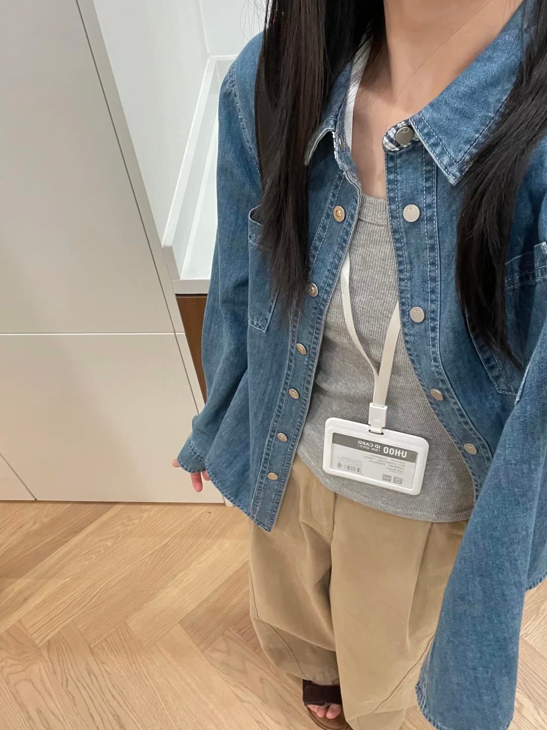 한 부서 레트로 하늘색 데님 긴팔 여성 셔츠 가을 디자인 센스 패치워크 셔츠 재킷 이미지 2