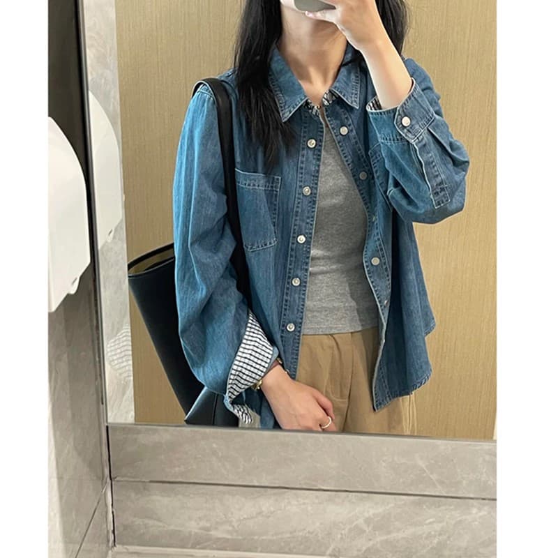 한 부서 레트로 하늘색 데님 긴팔 여성 셔츠 가을 디자인 센스 패치워크 셔츠 재킷 상세 이미지 1