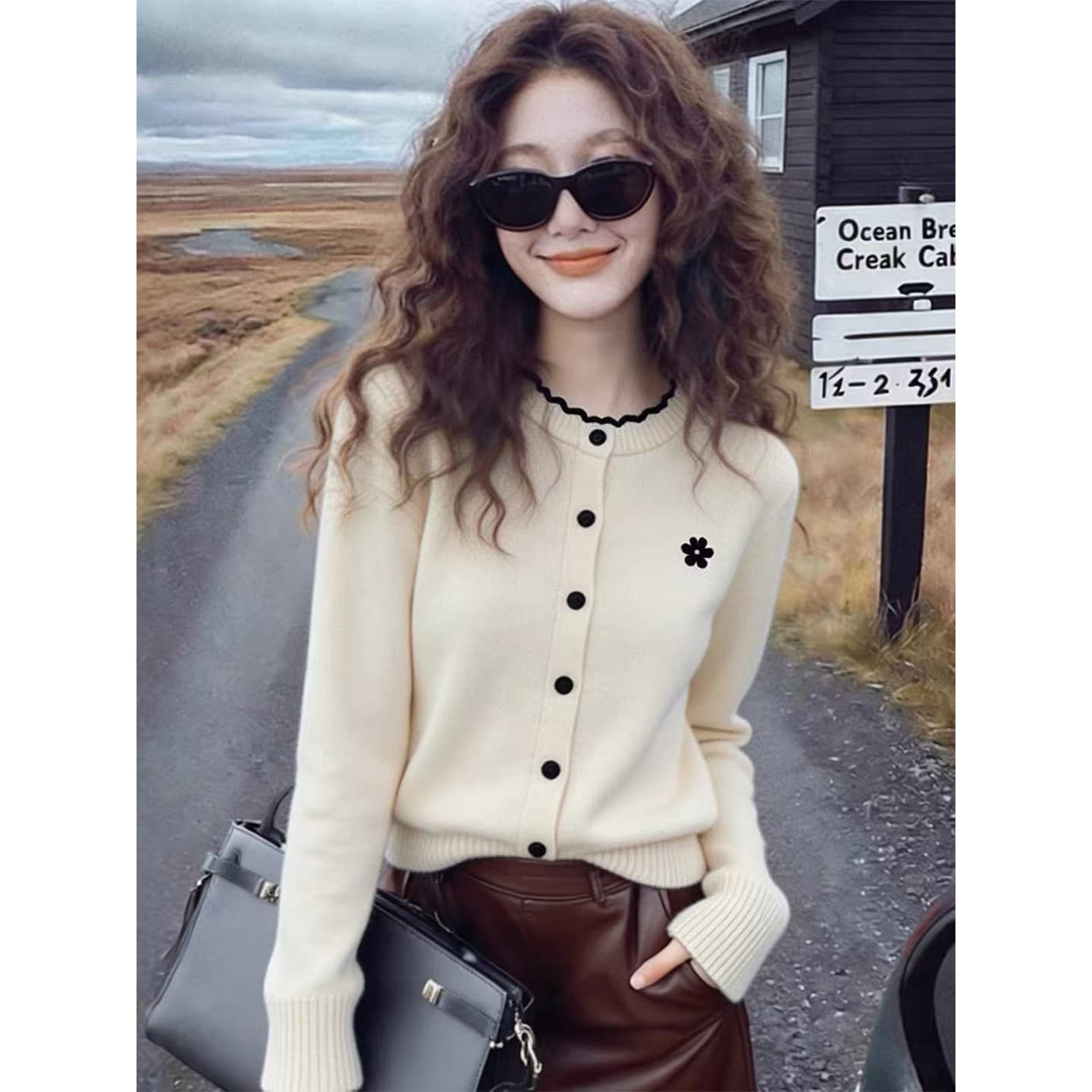 프랑스식 세련된 배색 긴팔 니트 오픈 가디건 여성 짧은 외투 스웨터 2026 새로운 외국 가스 그리드 레이 작은 셔츠 맨위 상세 이미지 5