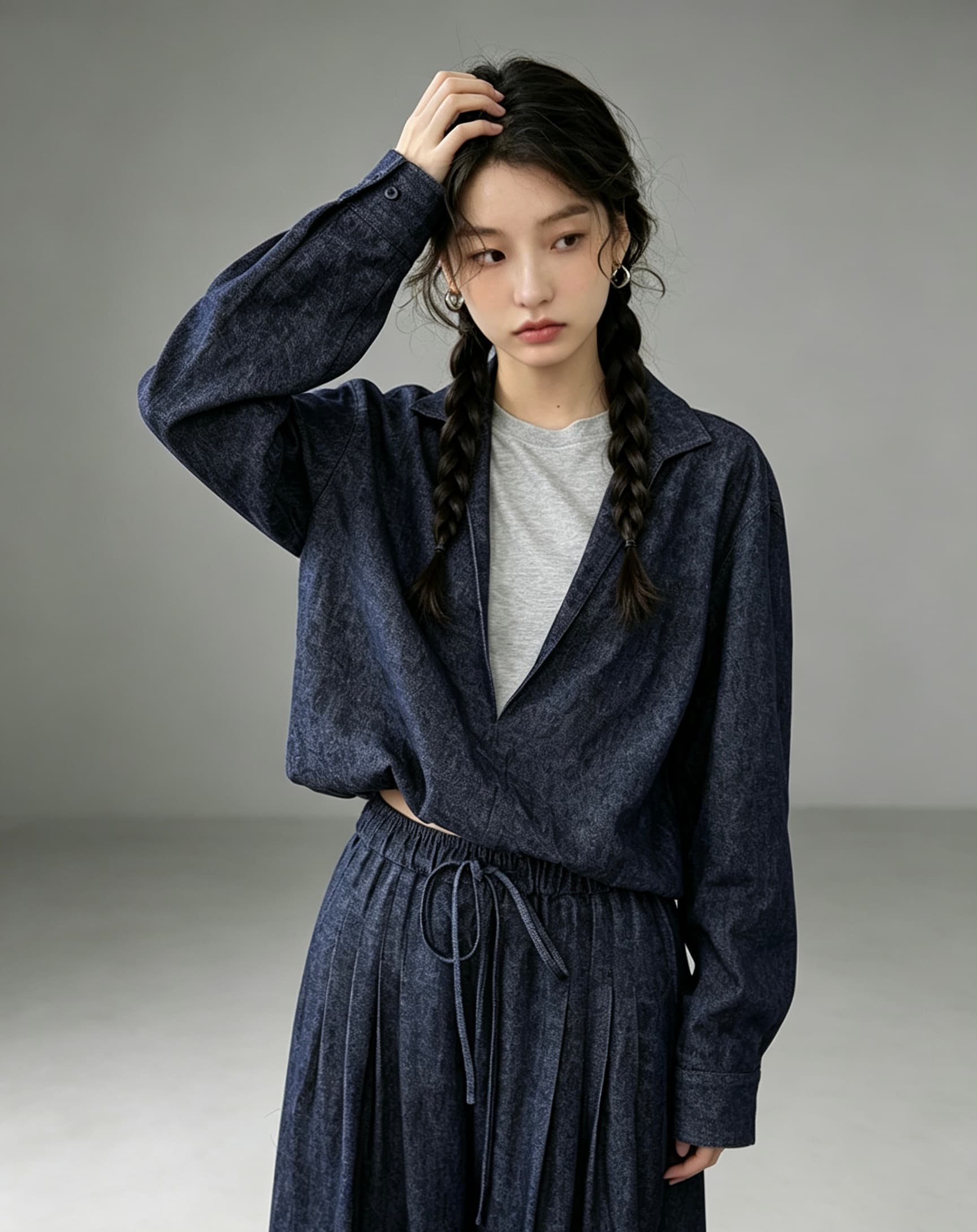 리넨 면화 데님 세트 페이크 레이어드 재킷 넓은 다리 길이 바지