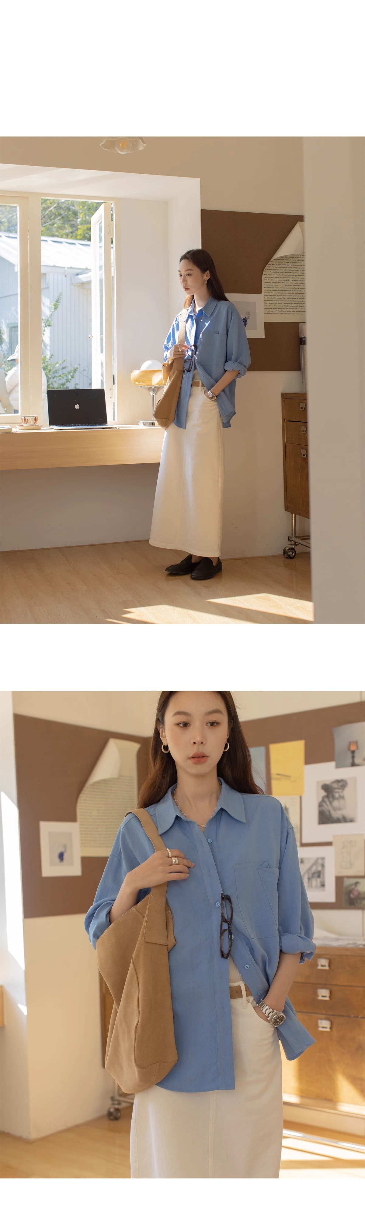 단색 미니멀리즘 폴로 칼라 여성 셔츠 봄 여름 2025 새로운 캐주얼 빅 포켓 도루 센스 긴팔 맨위 상세 이미지 3