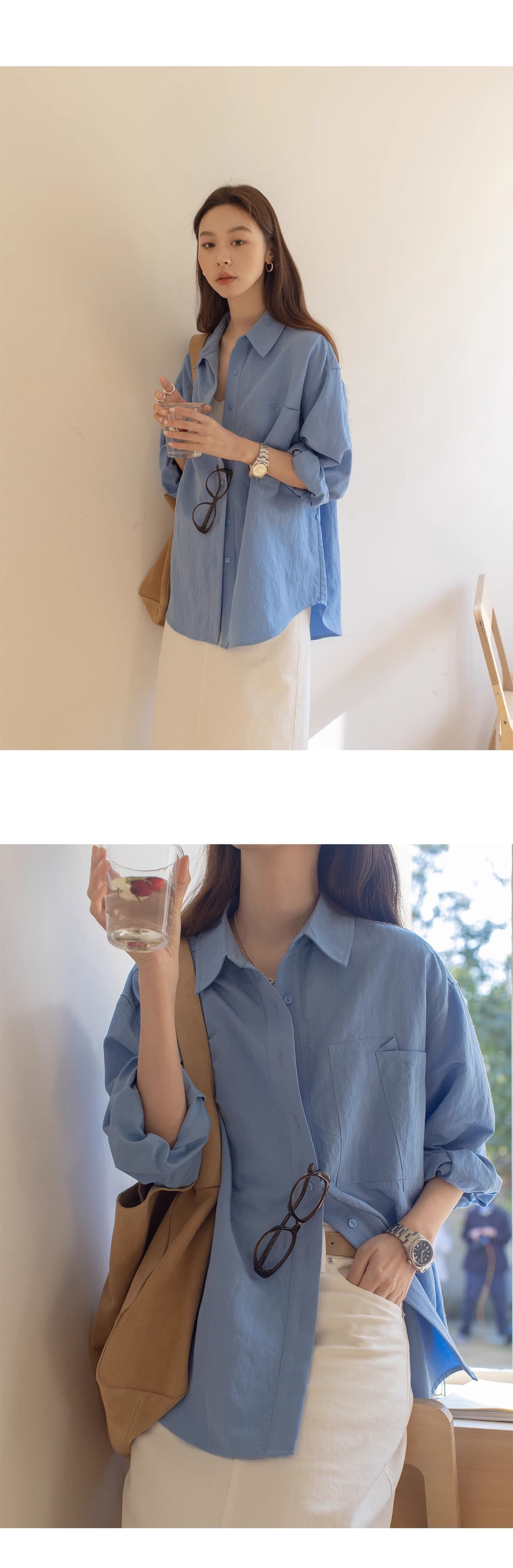 단색 미니멀리즘 폴로 칼라 여성 셔츠 봄 여름 2025 새로운 캐주얼 빅 포켓 도루 센스 긴팔 맨위 상세 이미지 7