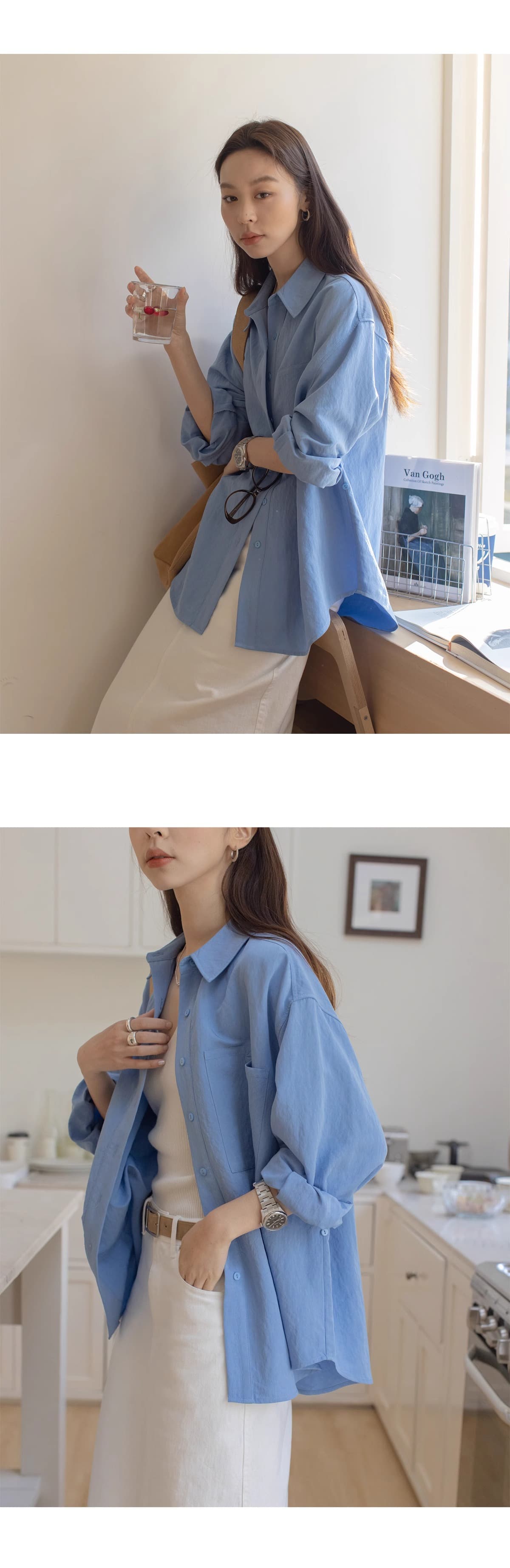 단색 미니멀리즘 폴로 칼라 여성 셔츠 봄 여름 2025 새로운 캐주얼 빅 포켓 도루 센스 긴팔 맨위 상세 이미지 8
