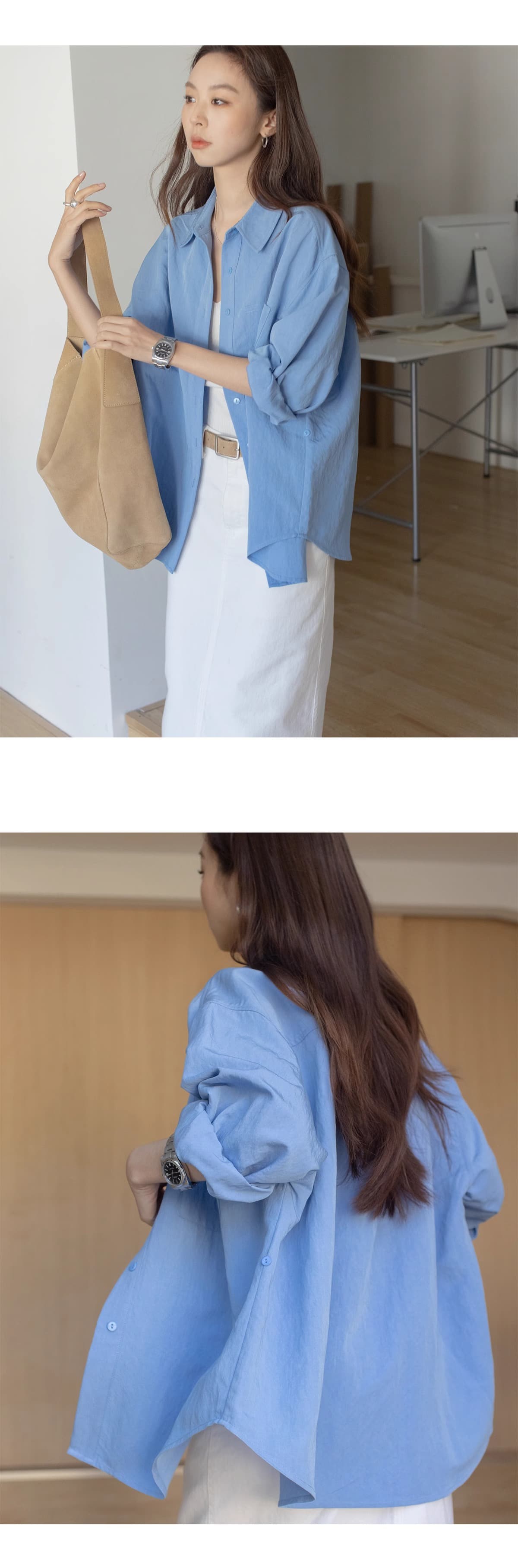단색 미니멀리즘 폴로 칼라 여성 셔츠 봄 여름 2025 새로운 캐주얼 빅 포켓 도루 센스 긴팔 맨위 상세 이미지 9
