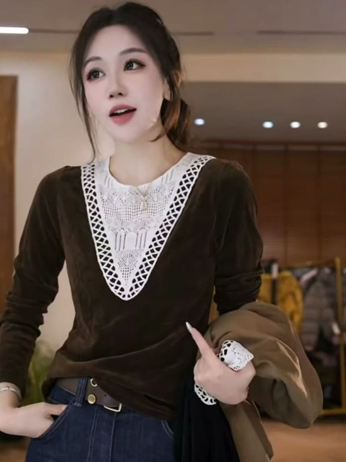 프랑스식 빛 럭셔리 바람 홀로우 아웃 디자인 센스 긴팔 여성 이른 가을 새로운 다용도 품격 고급 고유 한 슬림해 보이는 맨위 상세 이미지 1
