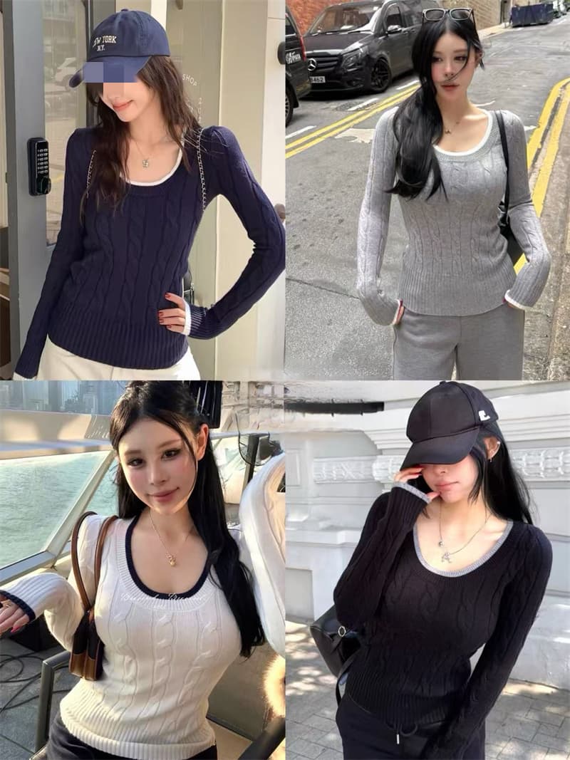 봄 가을 새로운 마이크로 지방 레트로 꽈배기 패치워크 색상 털 니트 스웨터 여성 몸매 가꾸기 슬림해 보이는 스웨터 상세 이미지 1