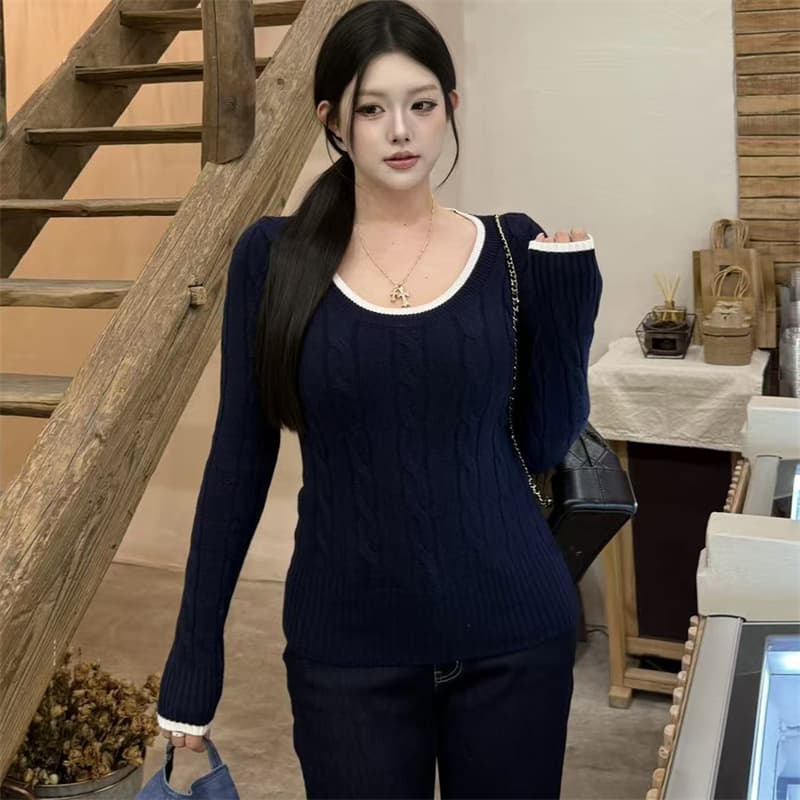 봄 가을 새로운 마이크로 지방 레트로 꽈배기 패치워크 색상 털 니트 스웨터 여성 몸매 가꾸기 슬림해 보이는 스웨터 상세 이미지 2