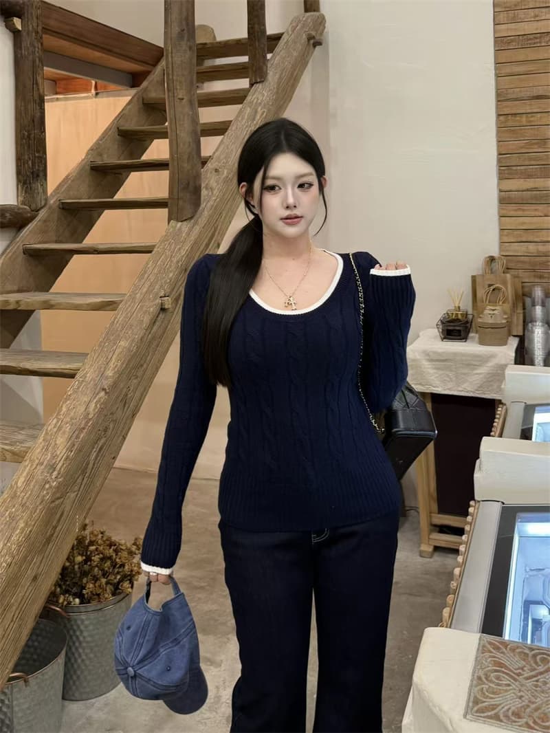 봄 가을 새로운 마이크로 지방 레트로 꽈배기 패치워크 색상 털 니트 스웨터 여성 몸매 가꾸기 슬림해 보이는 스웨터 상세 이미지 9