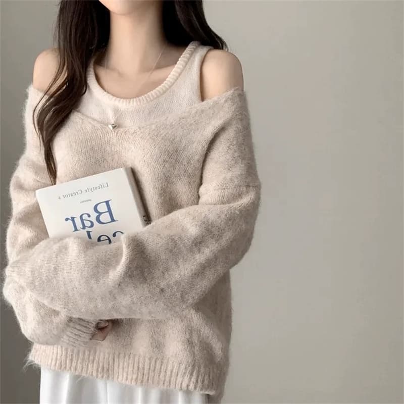 한국 ins 가을 미니멀리즘 느긋한 바람 인사이드 가져 가라. 스택 착용 니트 조끼 부드러운 찹쌀 루즈핏 긴팔 스웨터 투피스 세트 상세 이미지 12