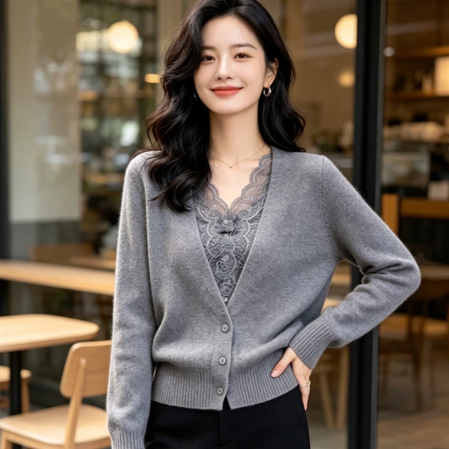 가을 겨울 프랑스식 레이스 조각 V넥 니트 오픈 가디건 여성 출퇴근 바람 슬림해 보이는 품격 고급 다용도 맨위 재킷