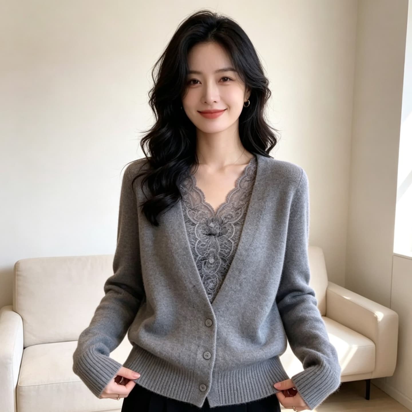가을 겨울 프랑스식 레이스 조각 V넥 니트 오픈 가디건 여성 출퇴근 바람 슬림해 보이는 품격 고급 다용도 맨위 재킷 상세 이미지 3
