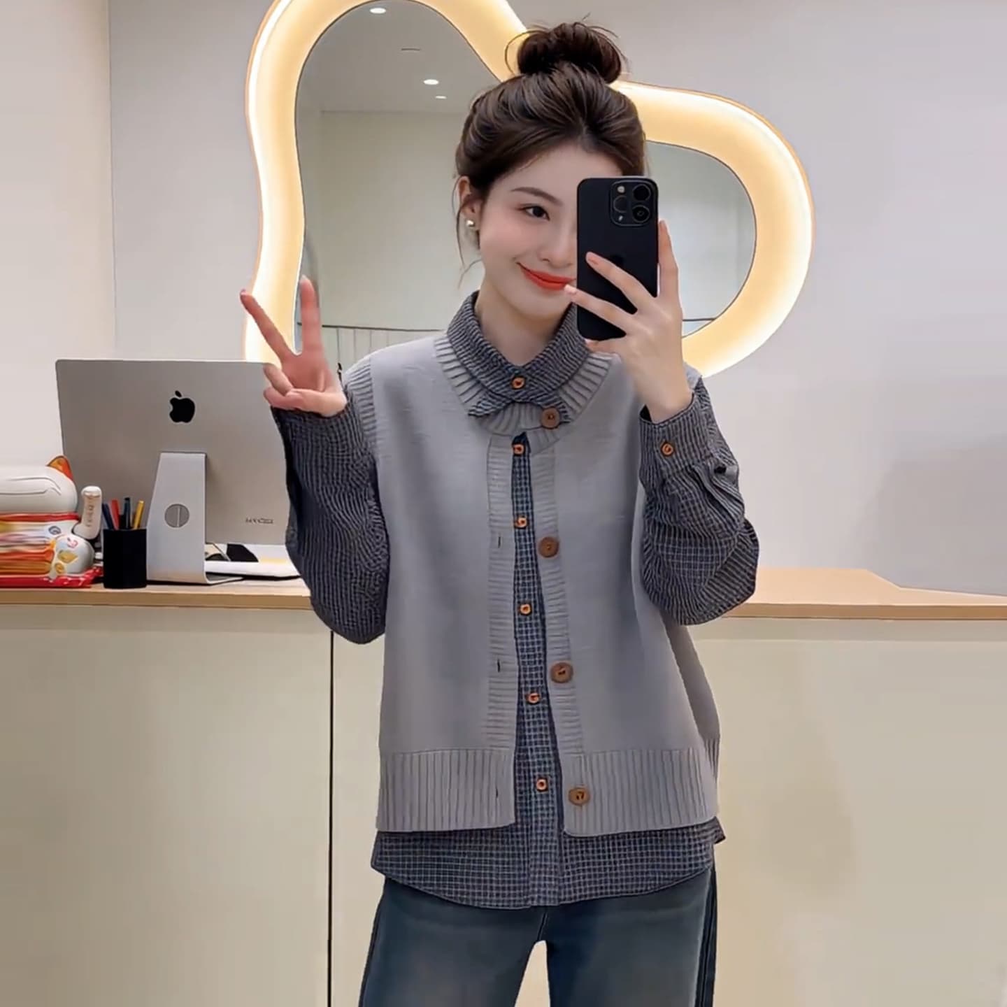 캐주얼 잘 생긴 패션 체크무늬 셔츠 니트 베스트 세트 여성 가을 새로운 스택 착용 스웨터 투피스 조끼 이미지 2