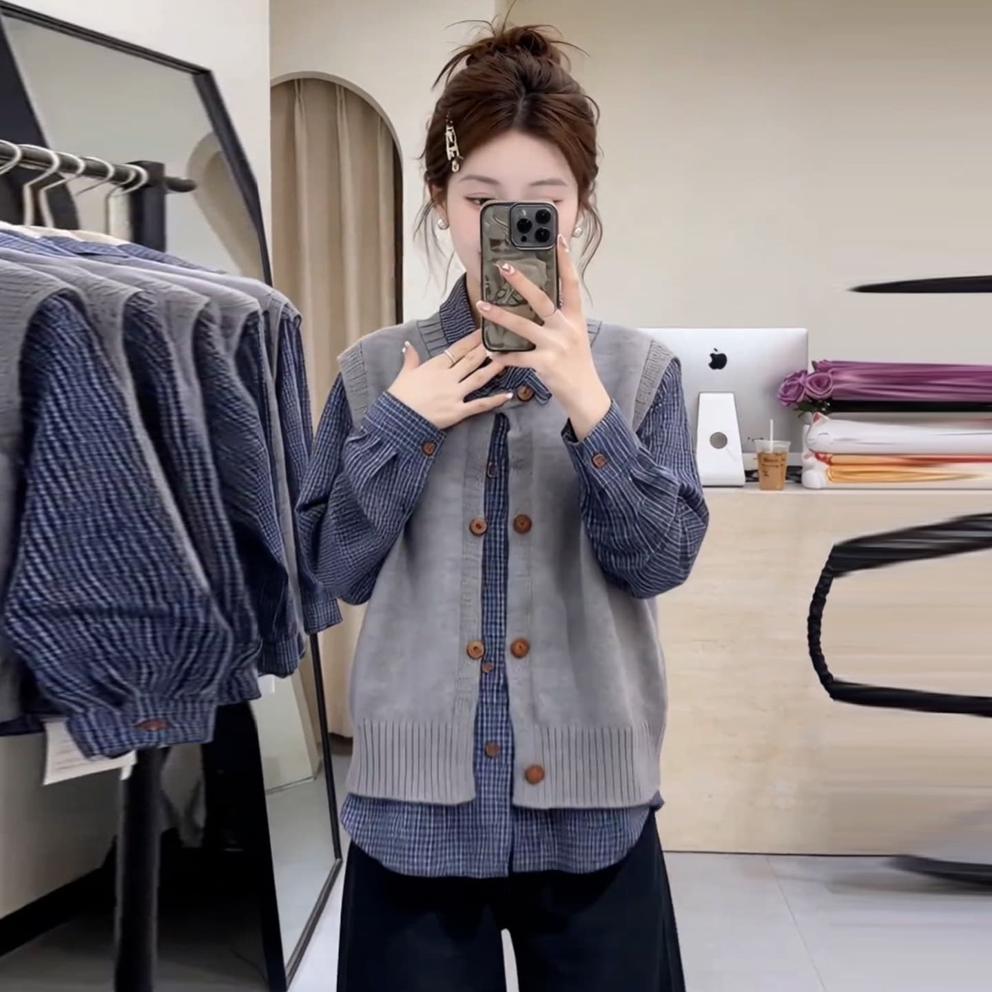 캐주얼 잘 생긴 패션 체크무늬 셔츠 니트 베스트 세트 여성 가을 새로운 스택 착용 스웨터 투피스 조끼 상세 이미지 5