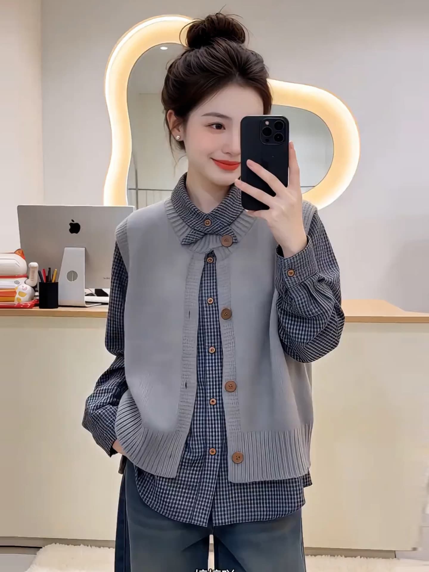 캐주얼 잘 생긴 패션 체크무늬 셔츠 니트 베스트 세트 여성 가을 새로운 스택 착용 스웨터 투피스 조끼 상세 이미지 6